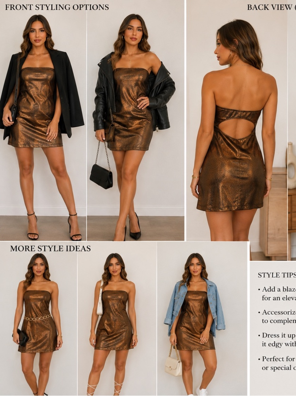 Free People Strapless Metallic Bronze Mini Dress Med